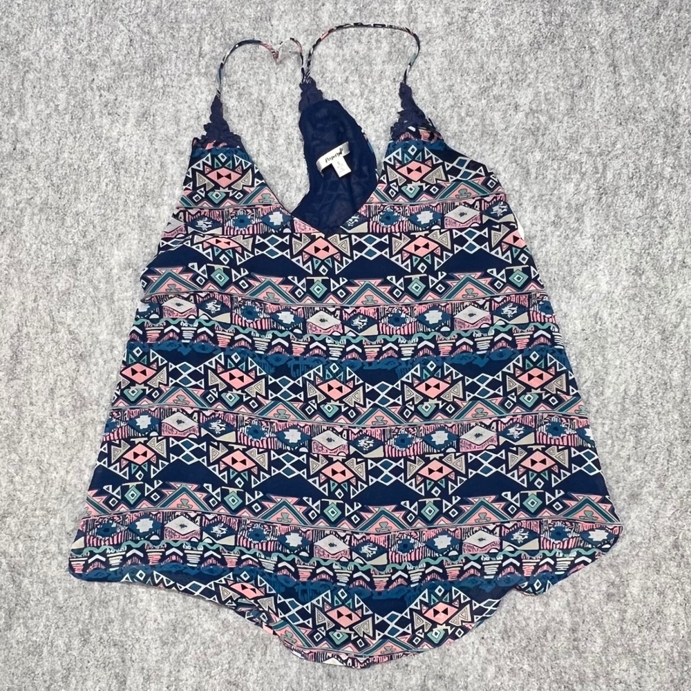 Papaya Navy Blue Geometric Tribal Print Lace‎ Trim Racerback Cami Tank Top Small